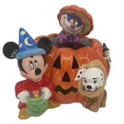 Disney Cookie Jar - Halloween Pumpkin - Sorcerer Mickey Cheshire Cat Lucky Tinker Bell
