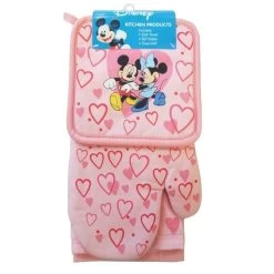 Disney Kitchen Towel Potholder Set - Mickey And Minnie - Pink Hearts